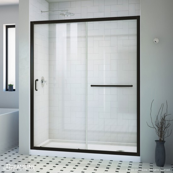 Infinity-Z 30 in. D x 60 in. W x 74 3/4 in. H Clear Sliding Shower Door in Satin Black, Right Drain White Base