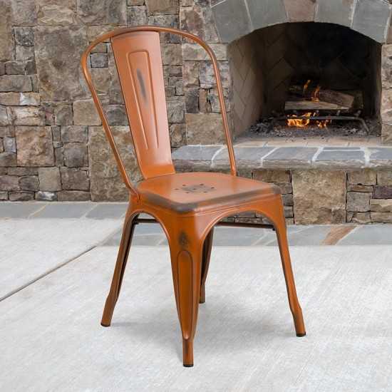 Commercial Grade Distressed Orange Metal Indoor-Outdoor Stackable Chair