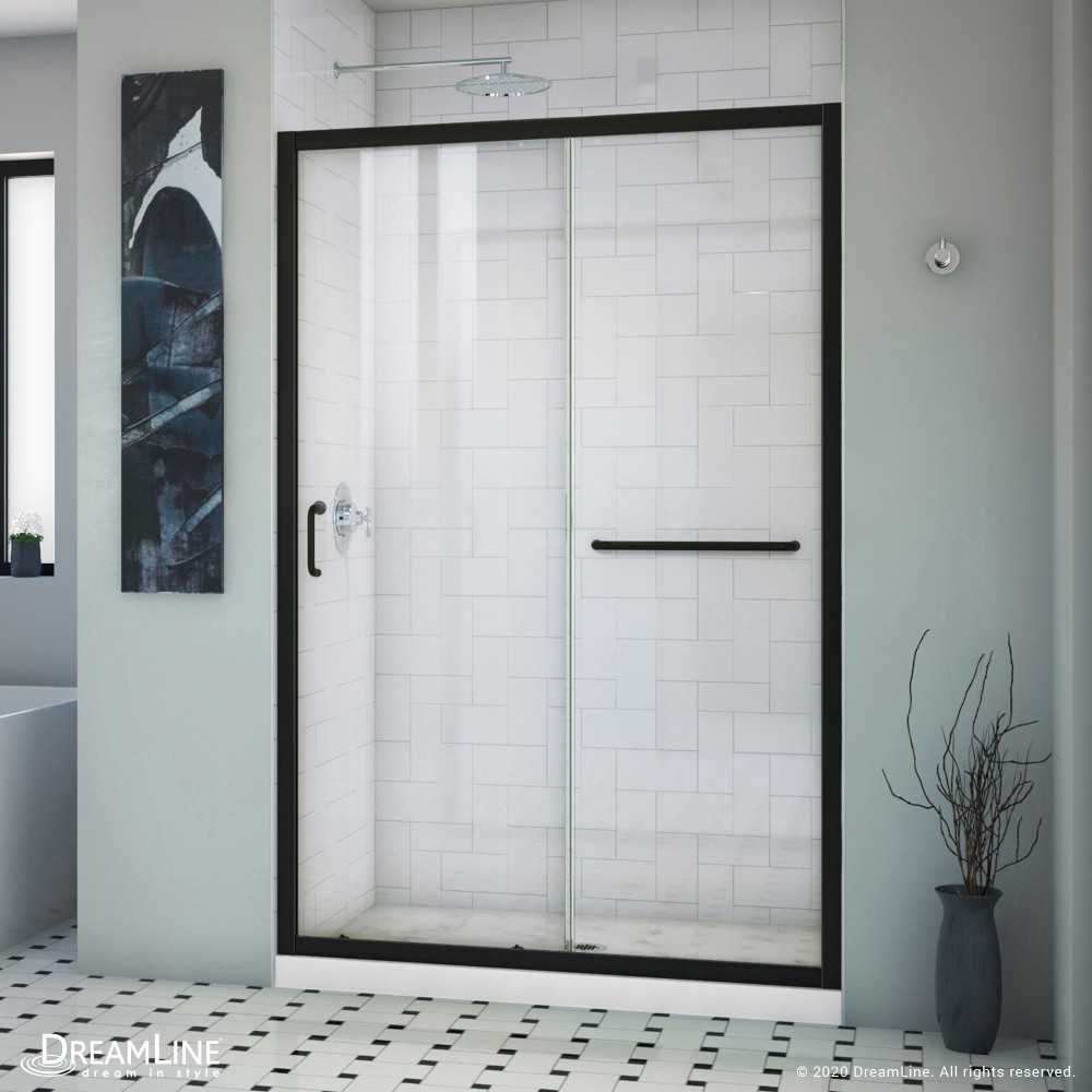 Infinity-Z 36 in. D x 48 in. W x 74 3/4 in. H Clear Sliding Shower Door in Satin Black and Center Drain White Base