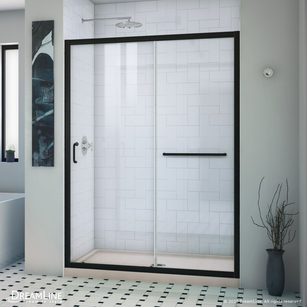 Infinity-Z 32 in. D x 54 in. W x 74 3/4 in. H Clear Sliding Shower Door in Satin Black and Center Drain Biscuit Base