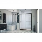 Infinity-Z 32 in. D x 54 in. W x 74 3/4 in. H Clear Sliding Shower Door in Satin Black and Center Drain Biscuit Base