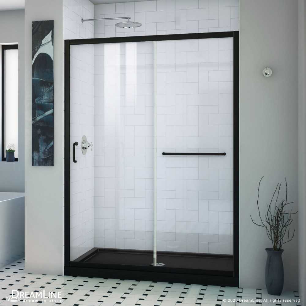 Infinity-Z 32 in. D x 54 in. W x 74 3/4 in. H Clear Sliding Shower Door in Satin Black and Center Drain Black Base