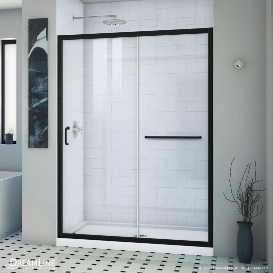 Infinity-Z 32 in. D x 54 in. W x 74 3/4 in. H Clear Sliding Shower Door in Satin Black and Center Drain White Base