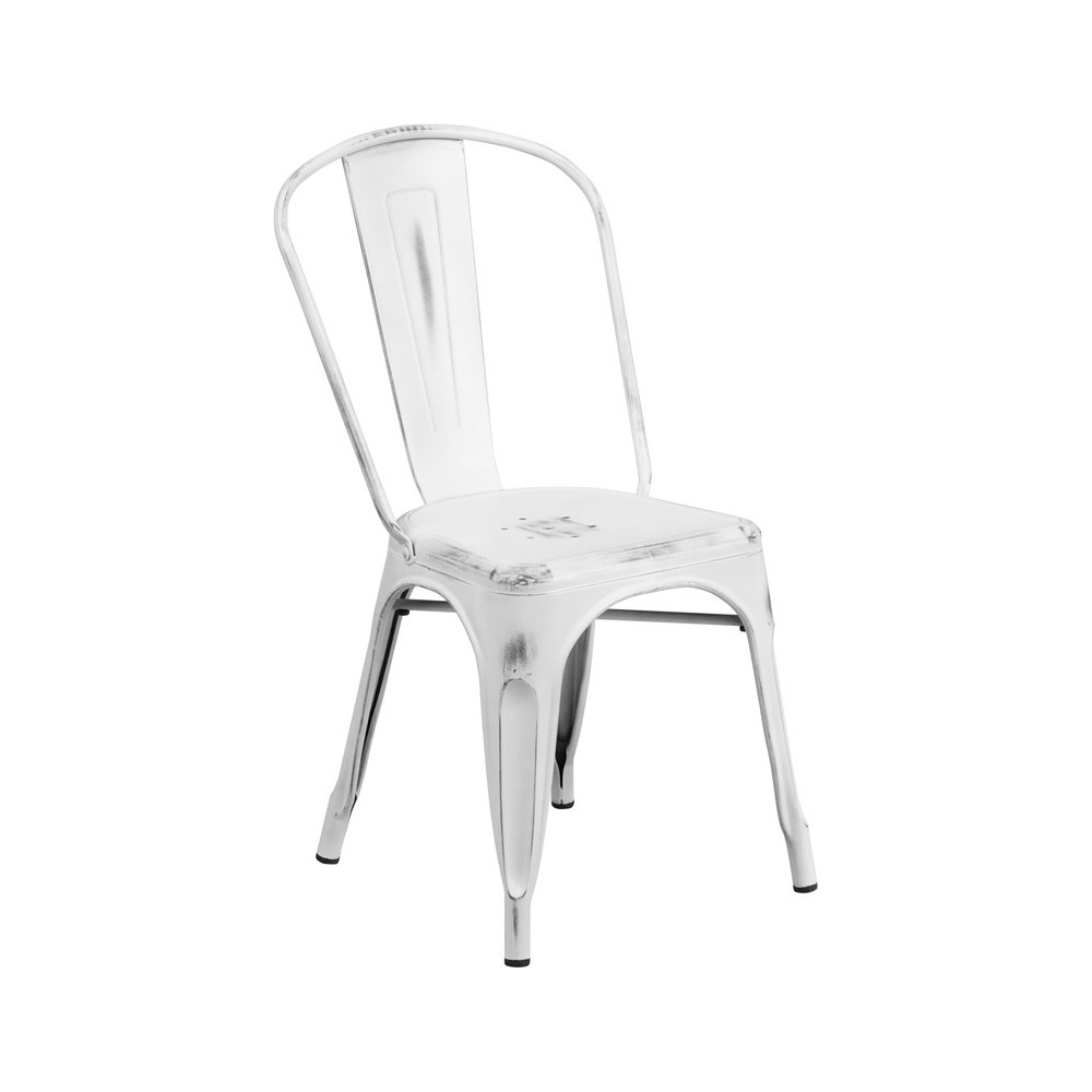 Commercial Grade Distressed White Metal Indoor-Outdoor Stackable Chair