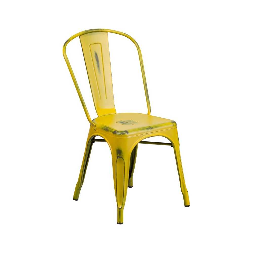 Commercial Grade Distressed Yellow Metal Indoor-Outdoor Stackable Chair