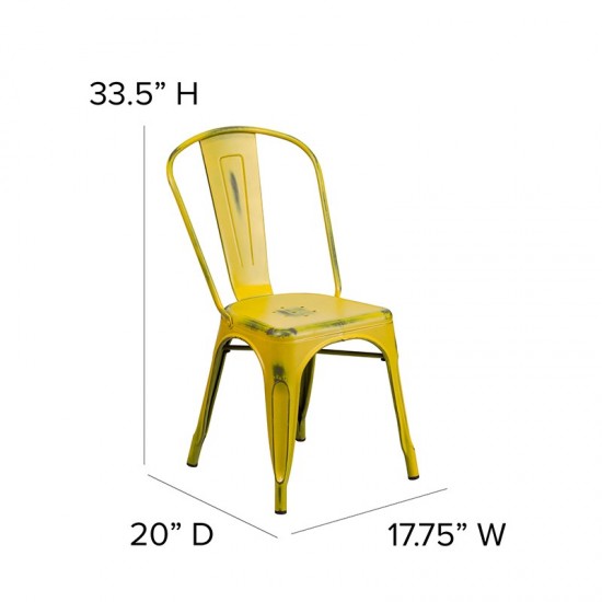 Commercial Grade Distressed Yellow Metal Indoor-Outdoor Stackable Chair