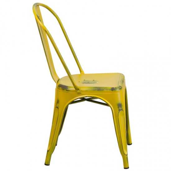 Commercial Grade Distressed Yellow Metal Indoor-Outdoor Stackable Chair