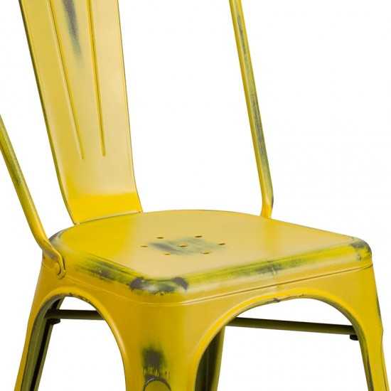 Commercial Grade Distressed Yellow Metal Indoor-Outdoor Stackable Chair