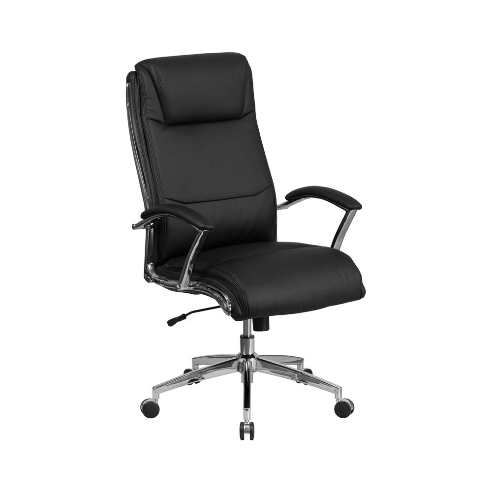 High Back Designer Black LeatherSoft Smooth Upholstered Executive Swivel Office Chair with Chrome Base and Arms