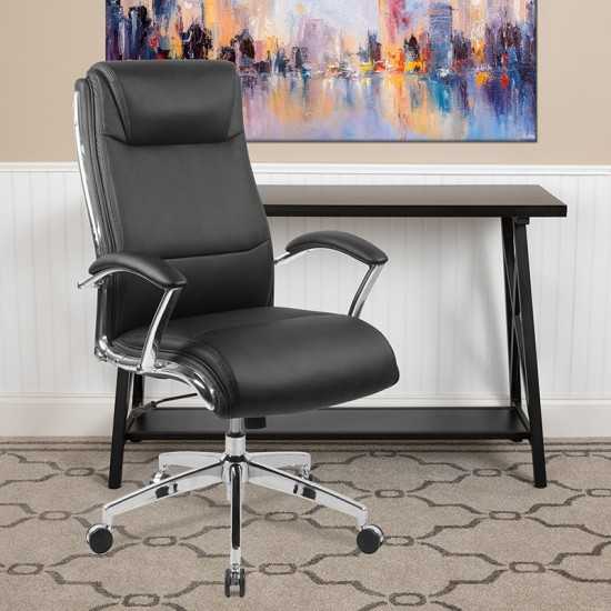 High Back Designer Black LeatherSoft Smooth Upholstered Executive Swivel Office Chair with Chrome Base and Arms