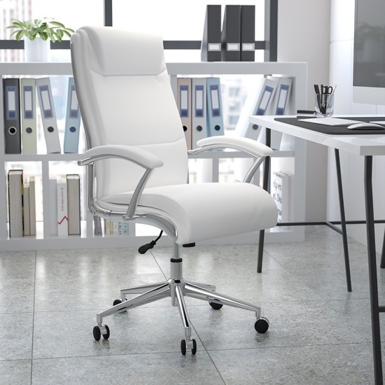 High Back Designer White LeatherSoft Smooth Upholstered Executive Swivel Office Chair with Chrome Base and Arms