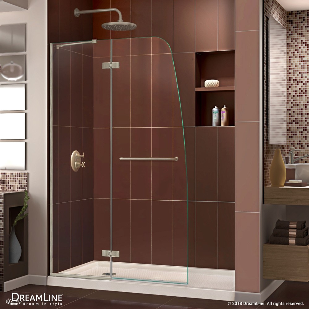 Aqua Ultra 32 in. D x 60 in. W x 74 3/4 in. H Frameless Shower Door in Brushed Nickel and Left Drain Biscuit Base Kit