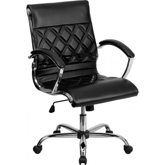 Mid-Back Designer Black LeatherSoft Executive Swivel Office Chair with Chrome Base and Arms