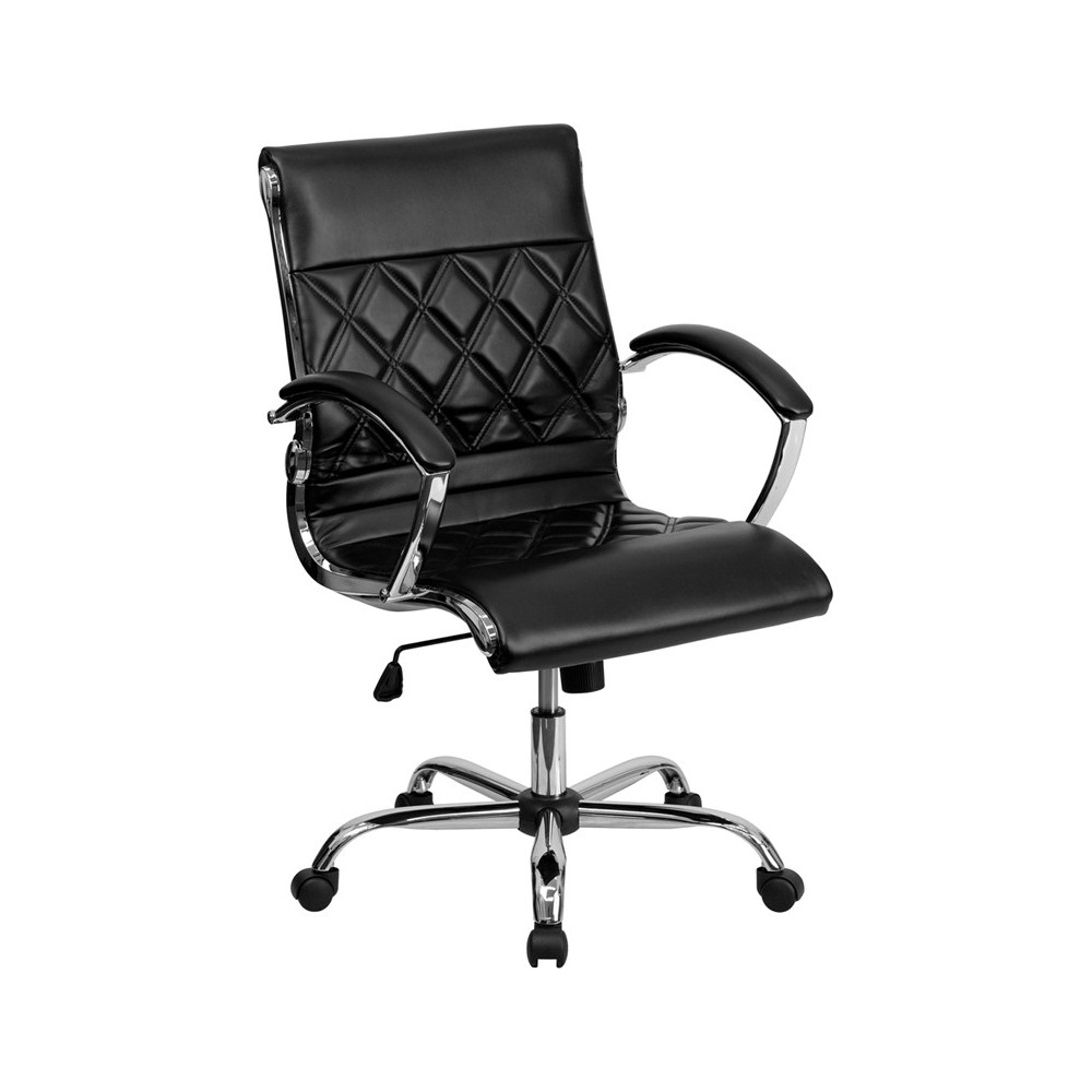 Mid-Back Designer Black LeatherSoft Executive Swivel Office Chair with Chrome Base and Arms