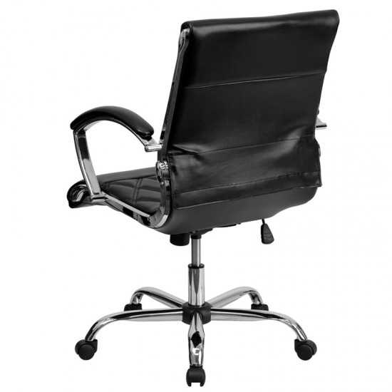 Mid-Back Designer Black LeatherSoft Executive Swivel Office Chair with Chrome Base and Arms