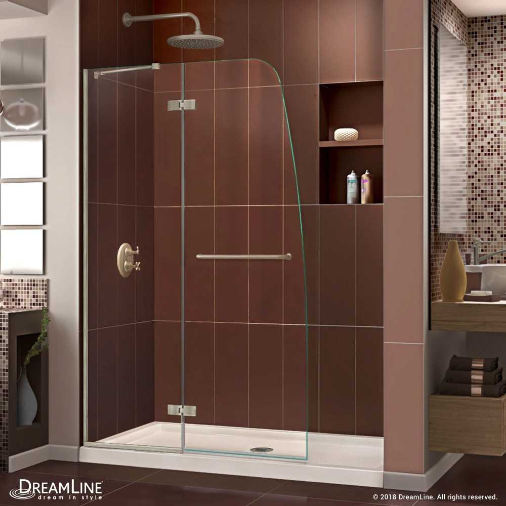 Aqua Ultra 36 in. D x 60 in. W x 74 3/4 in. H Frameless Shower Door in Brushed Nickel and Center Drain Biscuit Base Kit