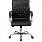 Mid-Back Designer Black LeatherSoft Executive Swivel Office Chair with Chrome Base and Arms