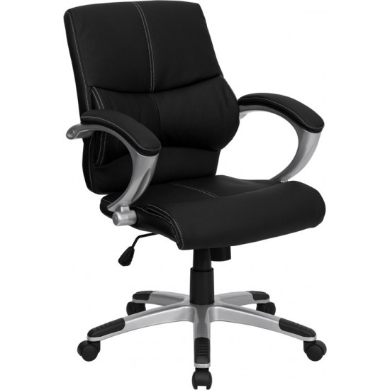 Mid-Back Black LeatherSoft Contemporary Swivel Manager's Office Chair with Arms