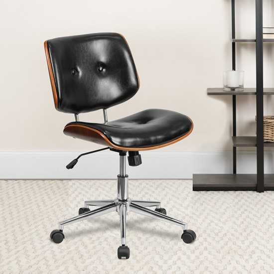 Low Back Black LeatherSoft Ergonomic Wood Swivel Task Office Chair