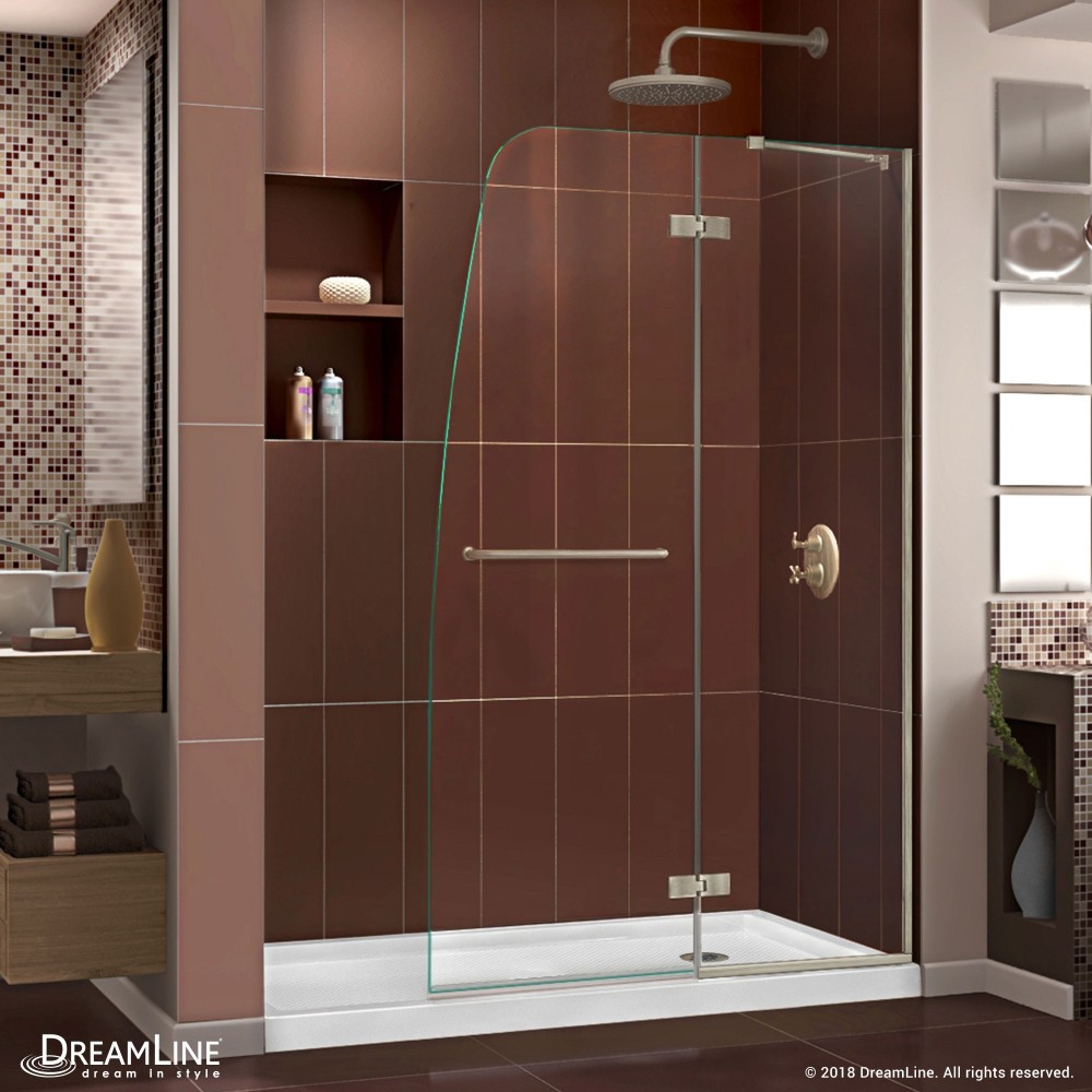 Aqua Ultra 30 in. D x 60 in. W x 74 3/4 in. H Frameless Shower Door in Brushed Nickel and Right Drain White Base Kit