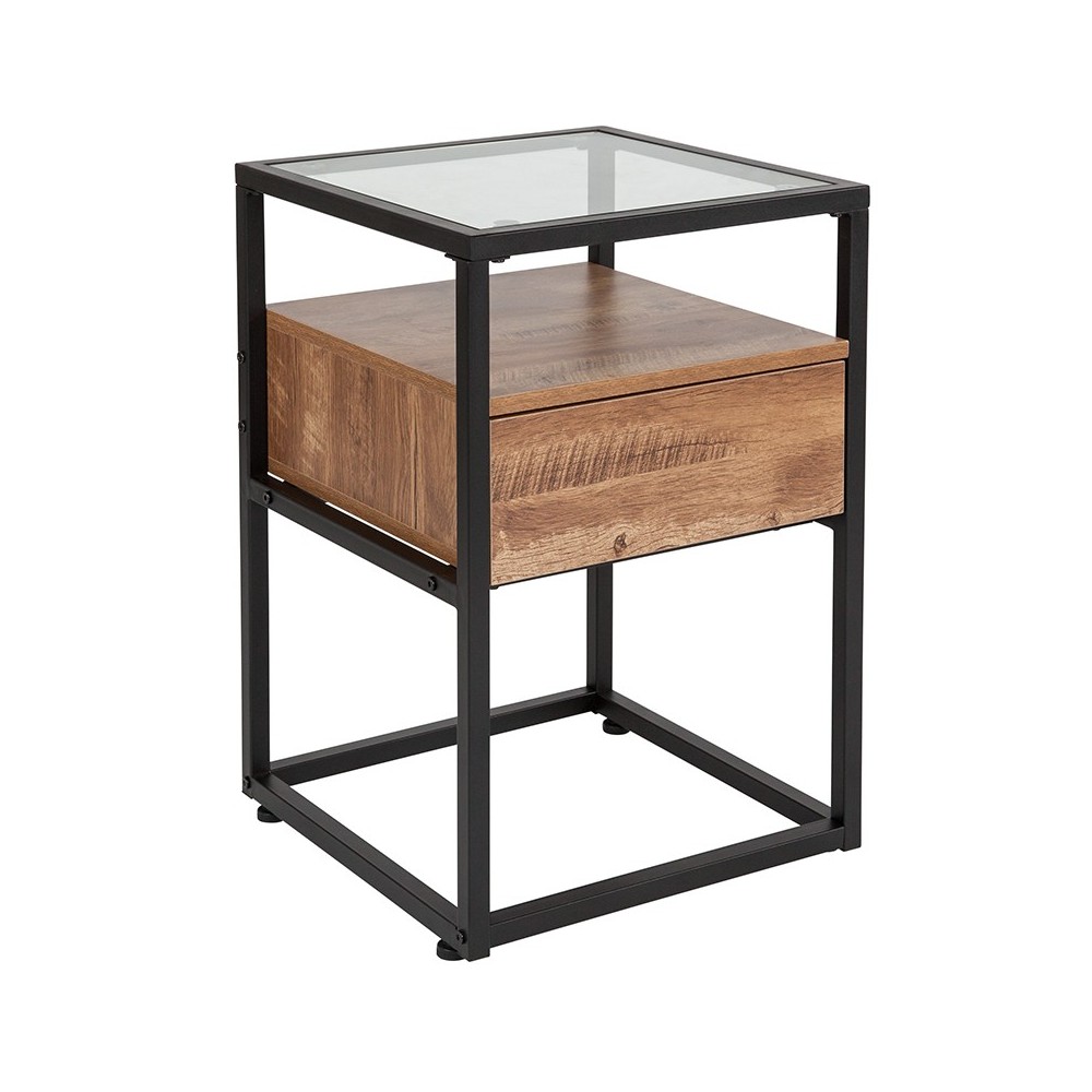 Cumberland Collection Glass End Table with Drawer and Shelf in Rustic Wood Grain Finish