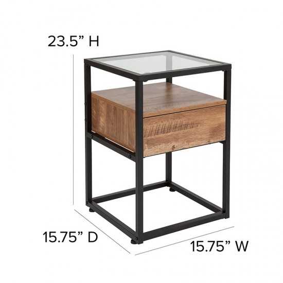 Cumberland Collection Glass End Table with Drawer and Shelf in Rustic Wood Grain Finish