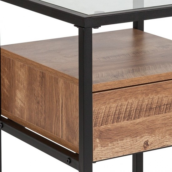 Cumberland Collection Glass End Table with Drawer and Shelf in Rustic Wood Grain Finish