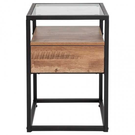 Cumberland Collection Glass End Table with Drawer and Shelf in Rustic Wood Grain Finish