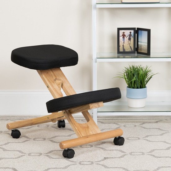 Mobile Wooden Ergonomic Kneeling Office Chair in Black Fabric