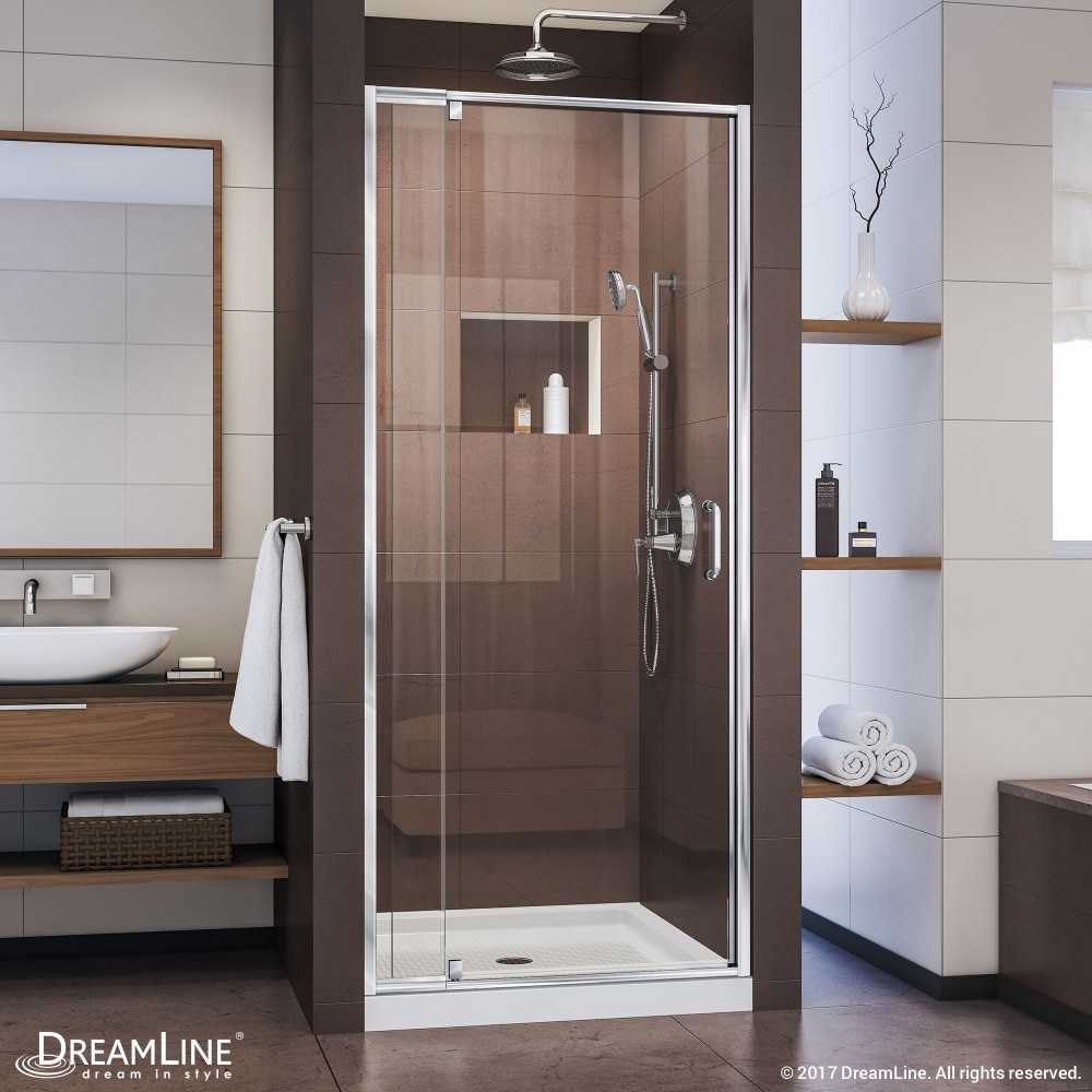 Flex 36 in. D x 36 in. W x 74 3/4 in. H Semi-Frameless Pivot Shower Door in Chrome with Center Drain White Base