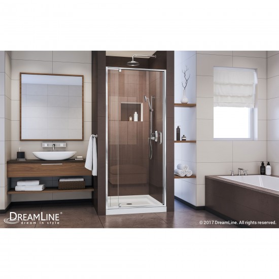 Flex 36 in. D x 36 in. W x 74 3/4 in. H Semi-Frameless Pivot Shower Door in Chrome with Center Drain White Base