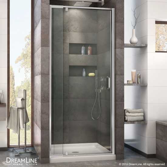 Flex 32 in. D x 32 in. W x 74 3/4 in. H Semi-Frameless Pivot Shower Door in Chrome with Center Drain Biscuit Base