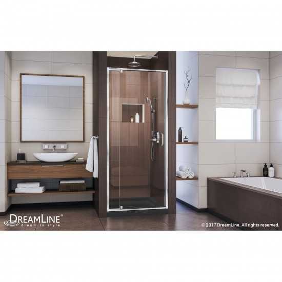 Flex 32 in. D x 32 in. W x 74 3/4 in. H Semi-Frameless Pivot Shower Door in Chrome with Center Drain Black Base