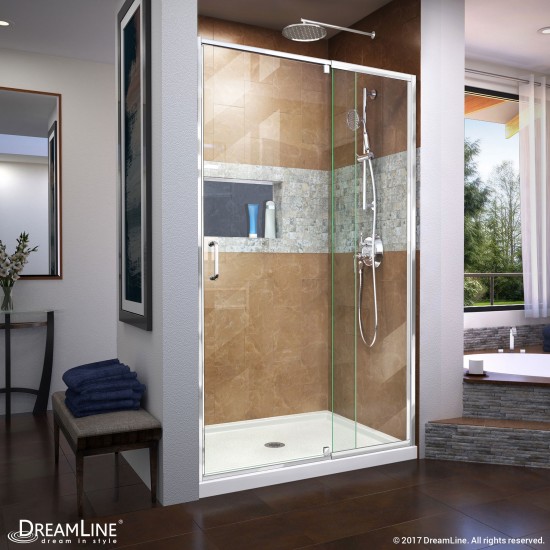 Flex 32 in. D x 42 in. W x 74 3/4 in. H Semi-Frameless Pivot Shower Door in Chrome with Center Drain White Base Kit