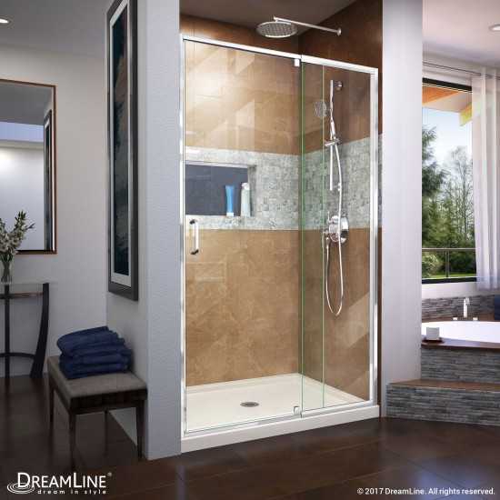 Flex 32 in. D x 42 in. W x 74 3/4 in. H Semi-Frameless Pivot Shower Door in Chrome with Center Drain Biscuit Base Kit