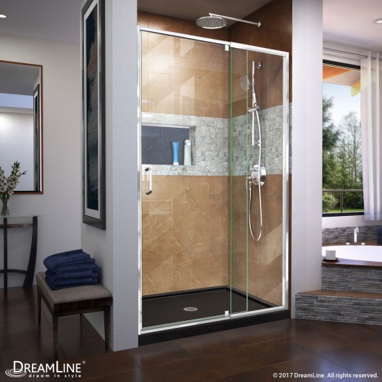 Flex 32 in. D x 42 in. W x 74 3/4 in. H Semi-Frameless Pivot Shower Door in Chrome with Center Drain Black Base Kit