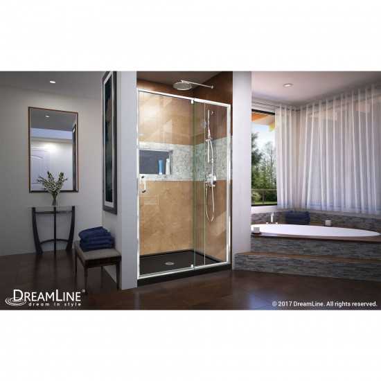 Flex 32 in. D x 42 in. W x 74 3/4 in. H Semi-Frameless Pivot Shower Door in Chrome with Center Drain Black Base Kit