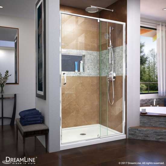 Flex 34 in. D x 42 in. W x 74 3/4 in. H Semi-Frameless Pivot Shower Door in Chrome with Center Drain White Base Kit