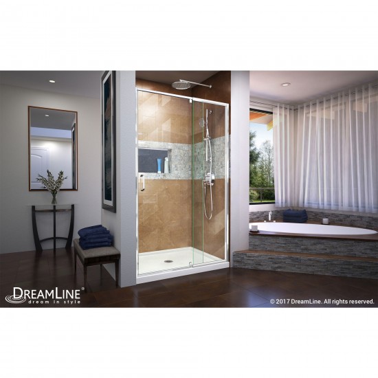 Flex 34 in. D x 42 in. W x 74 3/4 in. H Semi-Frameless Pivot Shower Door in Chrome with Center Drain White Base Kit