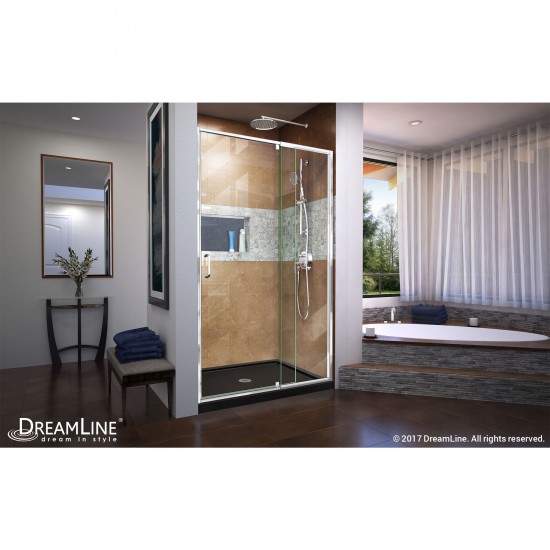 Flex 34 in. D x 42 in. W x 74 3/4 in. H Semi-Frameless Pivot Shower Door in Chrome with Center Drain Black Base Kit