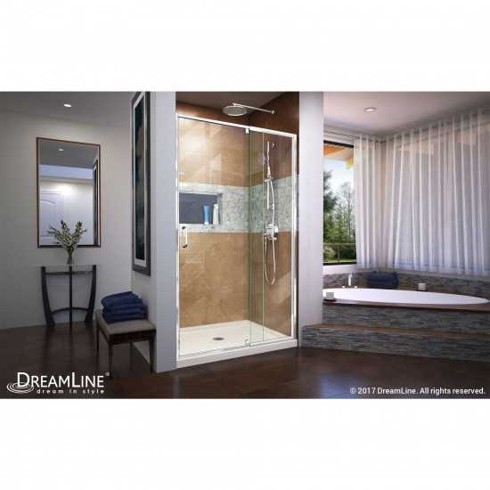 Flex 36 in. D x 48 in. W x 74 3/4 in. H Semi-Frameless Pivot Shower Door in Chrome with Center Drain Biscuit Base Kit