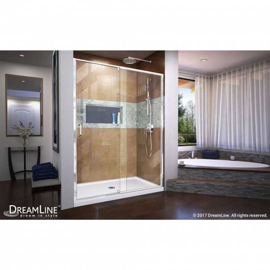 Flex 30 in. D x 60 in. W x 74 3/4 in. H Semi-Frameless Pivot Shower Door in Chrome with Center Drain White Base Kit