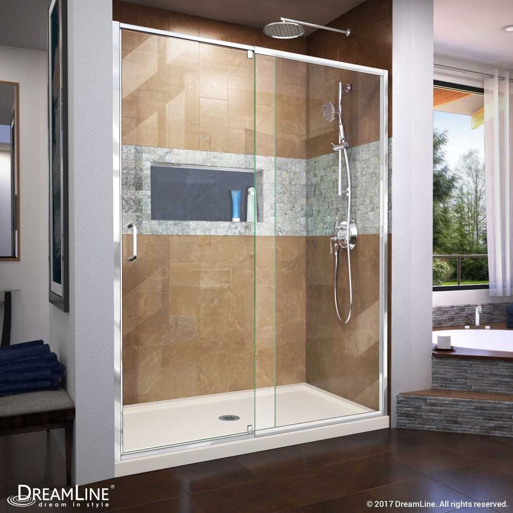 Flex 30 in. D x 60 in. W x 74 3/4 in. H Semi-Frameless Pivot Shower Door in Chrome with Center Drain Biscuit Base Kit