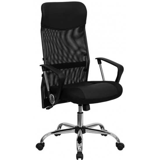 High Back Black Leather and Mesh Swivel Task Office Chair with Arms