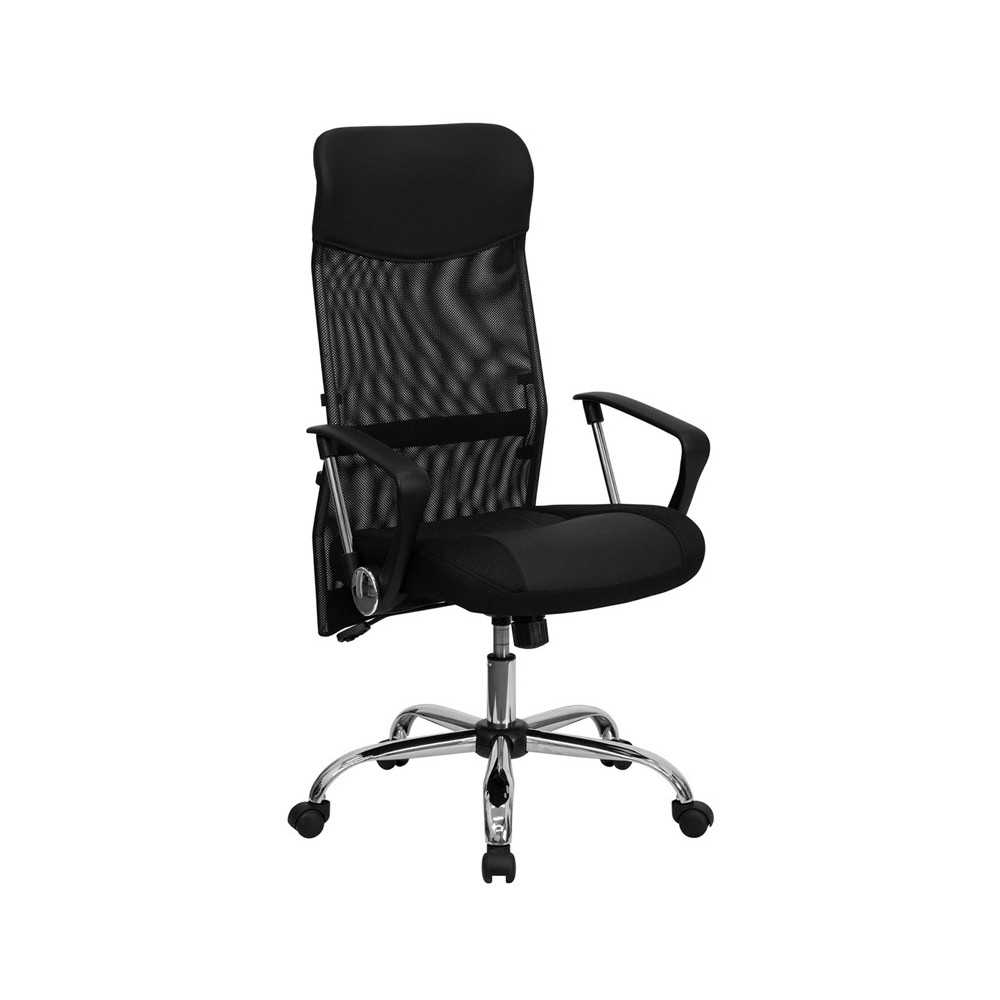 High Back Black Leather and Mesh Swivel Task Office Chair with Arms