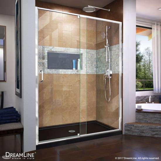 Flex 30 in. D x 60 in. W x 74 3/4 in. H Semi-Frameless Pivot Shower Door in Chrome with Center Drain Black Base Kit