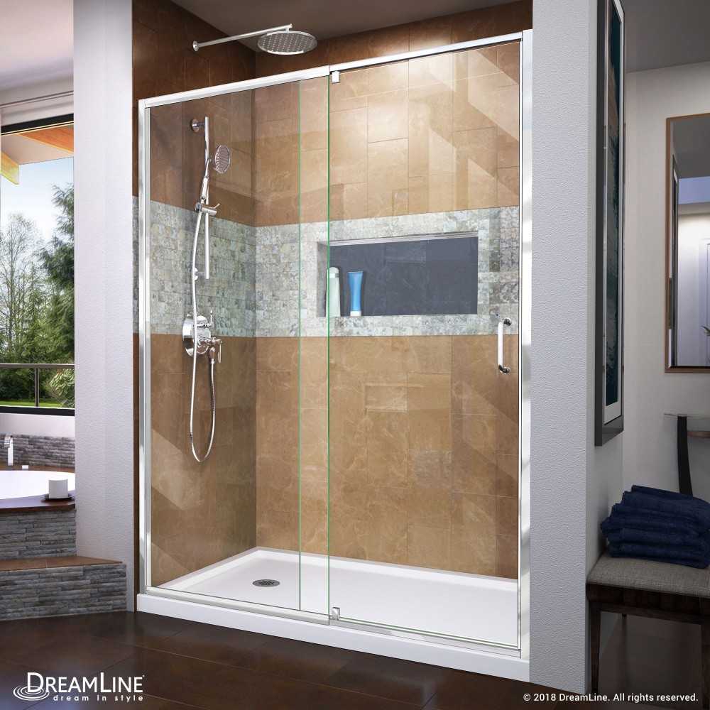 Flex 30 in. D x 60 in. W x 74 3/4 in. H Semi-Frameless Pivot Shower Door in Chrome with Left Drain White Base Kit