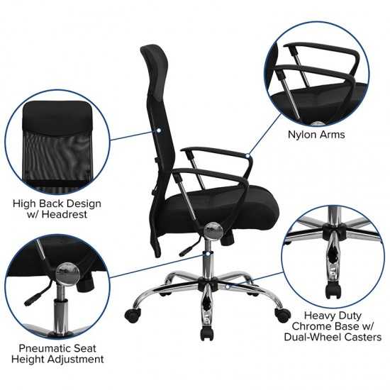 High Back Black Leather and Mesh Swivel Task Office Chair with Arms