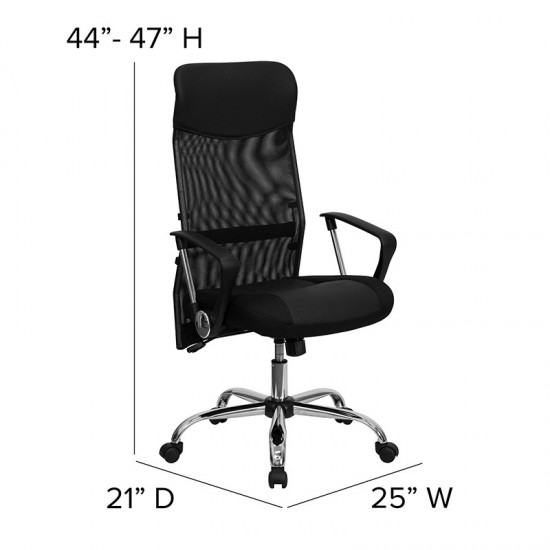 High Back Black Leather and Mesh Swivel Task Office Chair with Arms