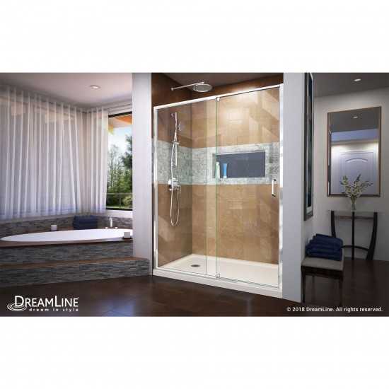 Flex 30 in. D x 60 in. W x 74 3/4 in. H Semi-Frameless Pivot Shower Door in Chrome with Left Drain Biscuit Base Kit